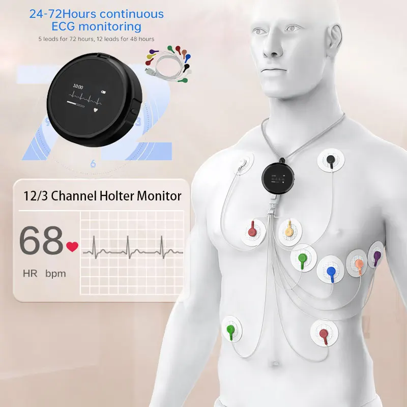 72 Hour AI ECG 12 Channel Holter ECG EKG,Rechargeable ,12/3 Channel ,AI-ECG Tracker Report,50G,Real-timewaveform Display