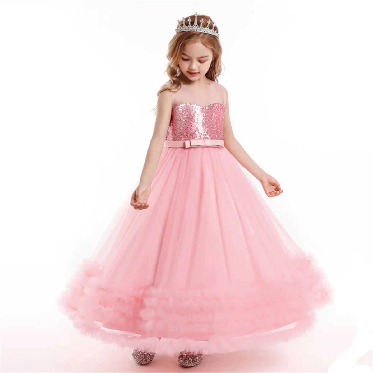 Elegant Pink Lace Mesh Flower Girl Dress - Princess Style Party & Wedding Attire