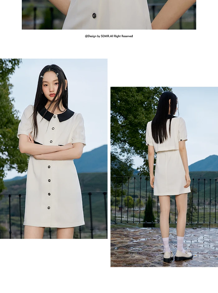 Dress Women Contrast Texture Fake Two Pieces Summer New Bubble Sleeve Breasted Short Dress Elegant Small Fragrance