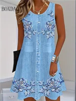 2025 Women Summer Sleeveless Bohemian Dress Fashion Imitate Cowboy Vest Flowers Print Dress Casual Tank Beach Dresses For Women