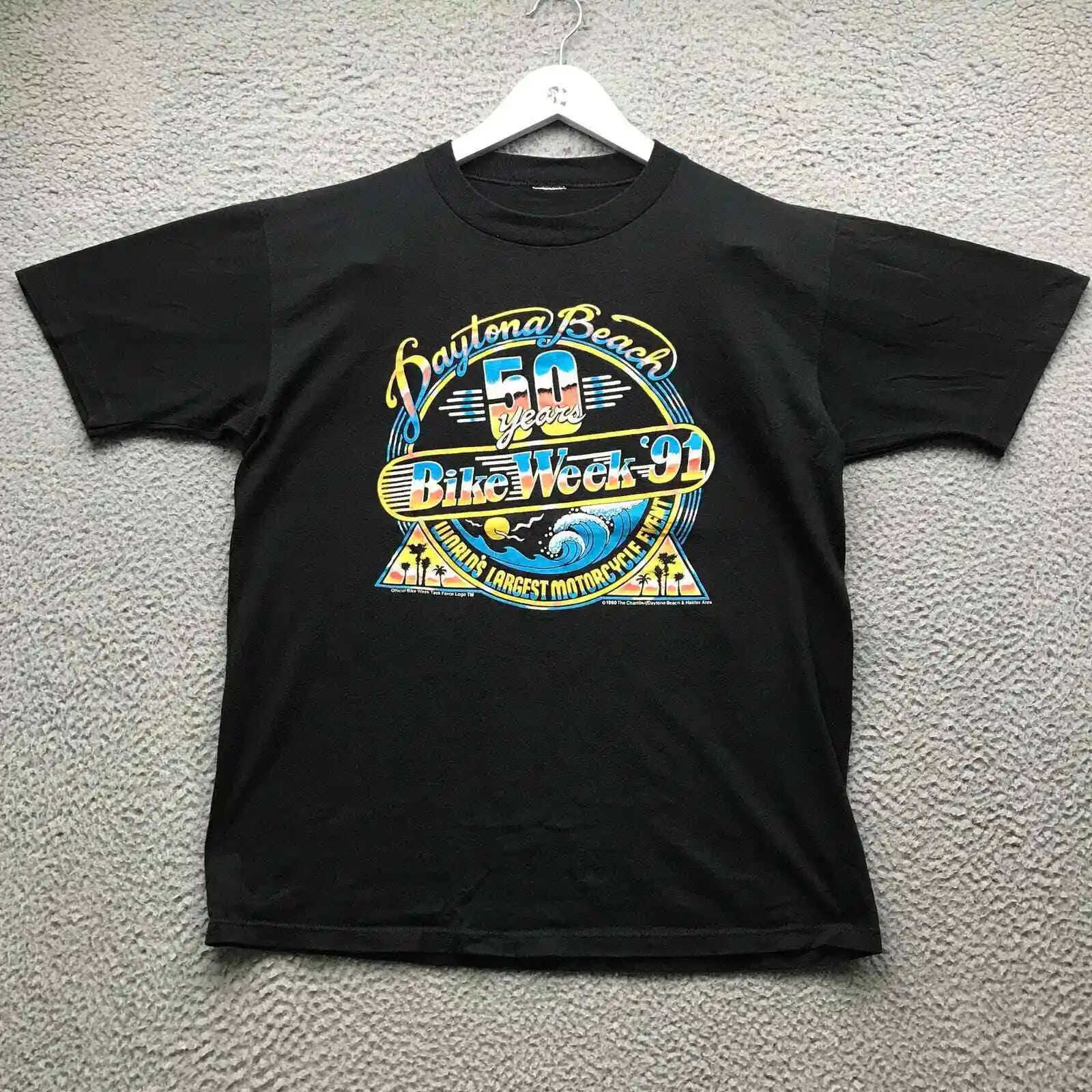 Vintage 1991 Anni '90 Bike Week Daytona Beach T Shirt Uomo M Nero Maniche Lunghe O Corte