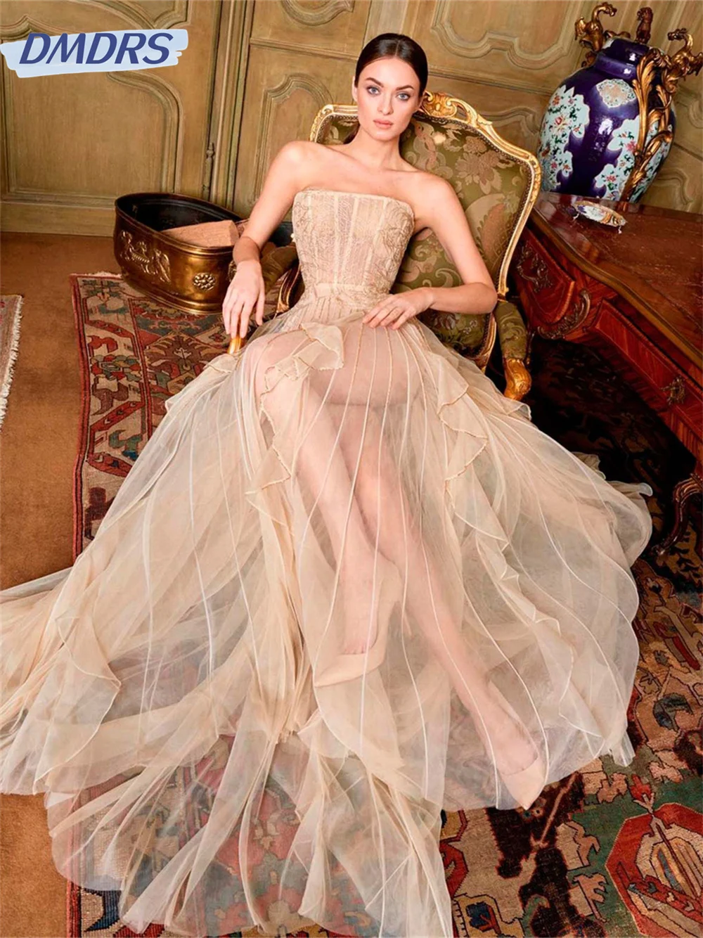 Elegant Strapless Prom Dress 2024 Graceful Tulle Evening Dresses Charming Sleeveless Floor Length Gowns Vestidos De Novia