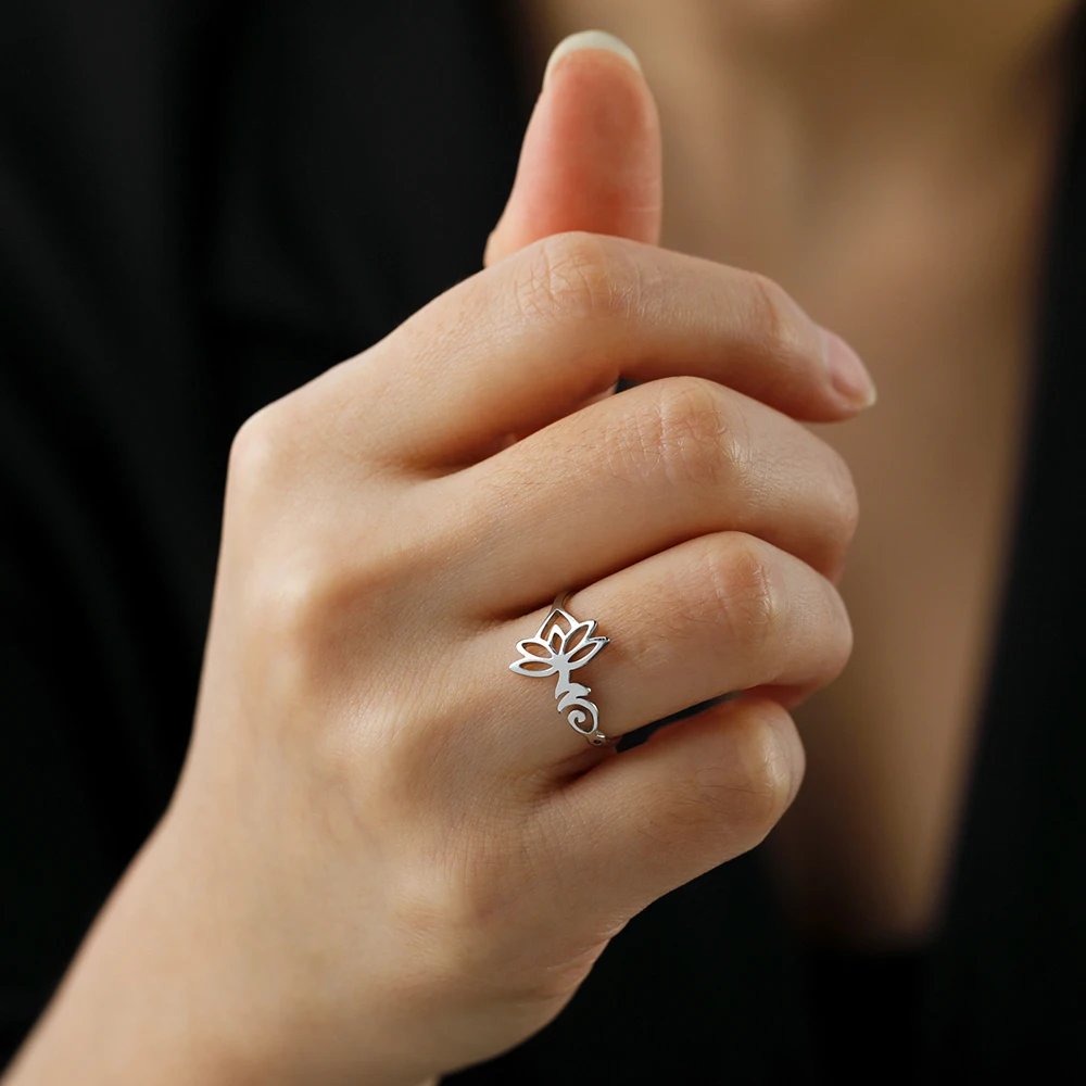 Dawapara Buddhismus om unalome Symbol Frauen Ring spirituelle Lotusblume Eheringe Edelstahl Sanskrit Schmuck Yoga Geschenke – Detail 8