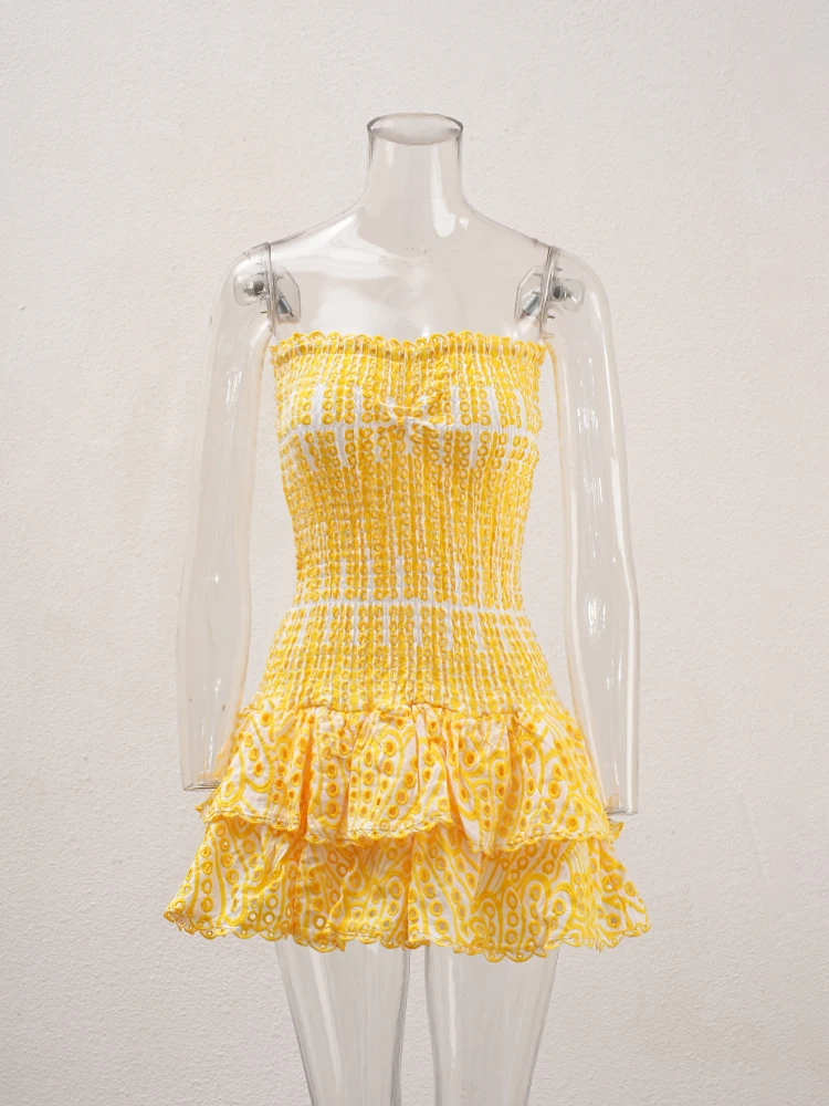 Elegant Embroidery Cut Out Woman Mini Dress Strapless Off Shoulder High Waist Vestidos Female Clothing 2025 Summer 23A430