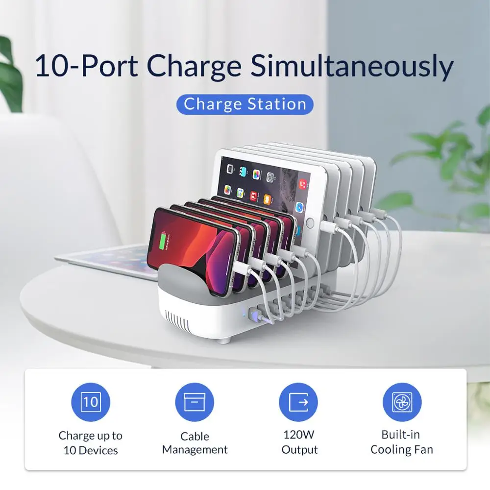 ORICO 120W Ladestation Mit 10 USB-Ports – Inkl. 10 Kabel, Kühlventilator, Für IPhone, IPad, Android Geräte