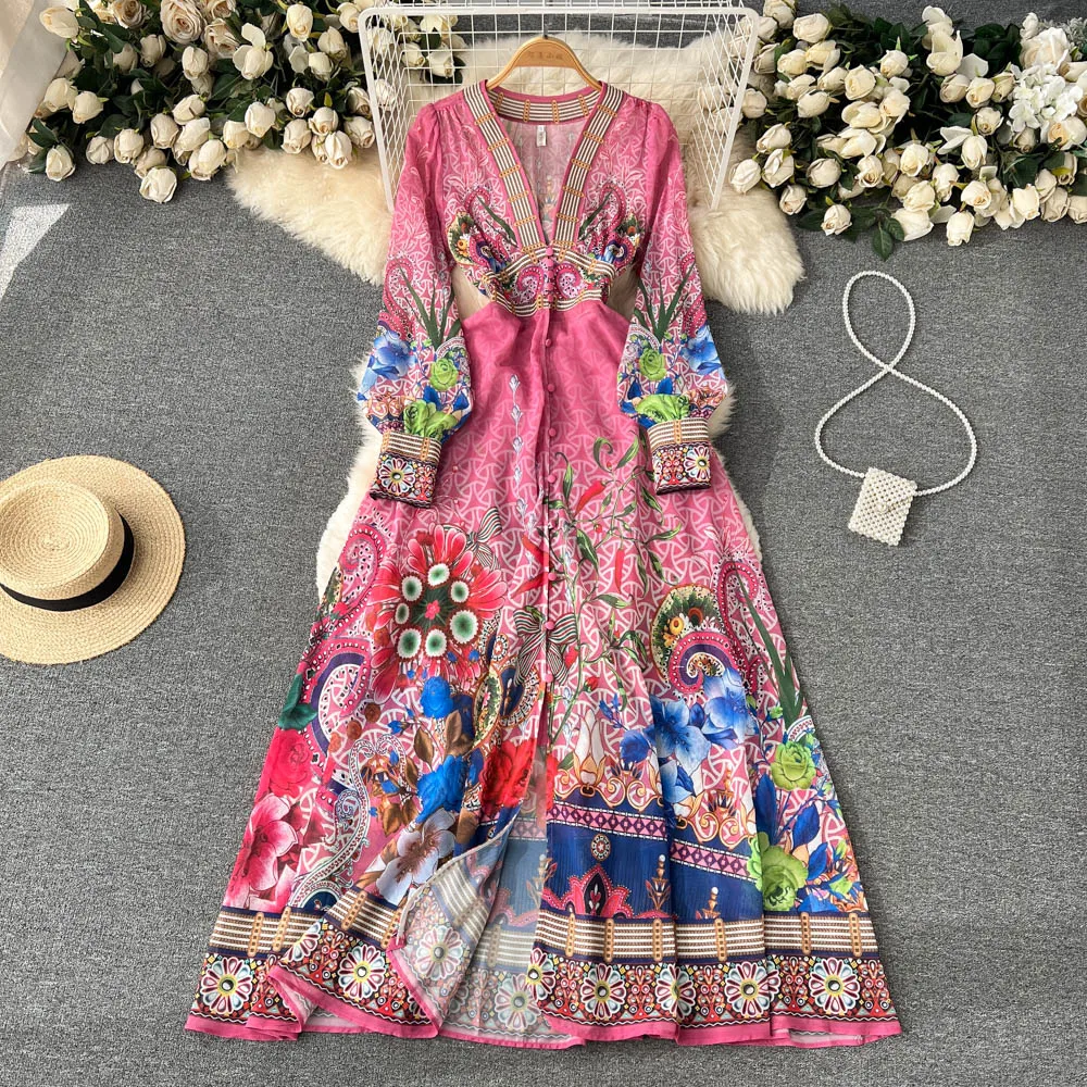 

Design Sense of Ethnic Wind Retro Deep V-neck Long-sleeved Print Waist-waist Hem Knee-length Dress