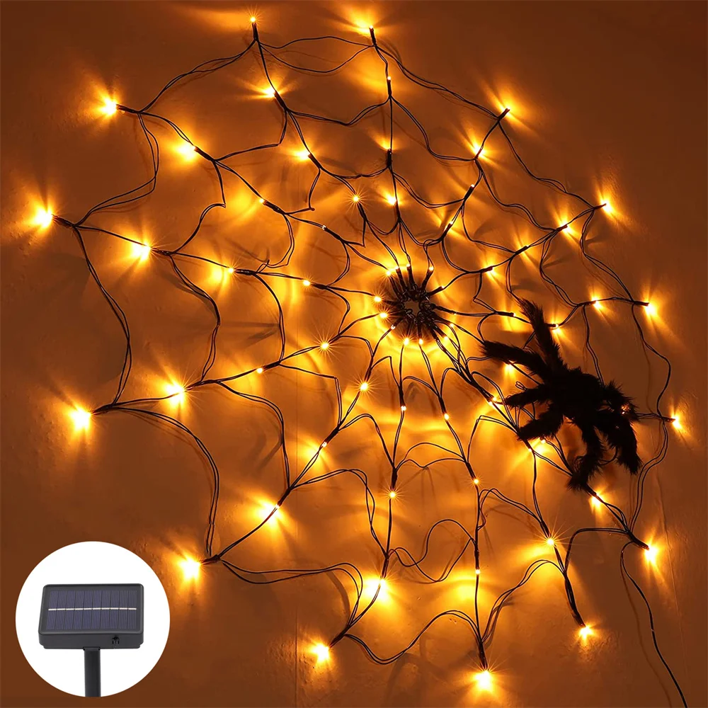 3.18ft Diameter Solar Halloween Spider  Lights 60led 8mode Spider Net Lights For Party Yard