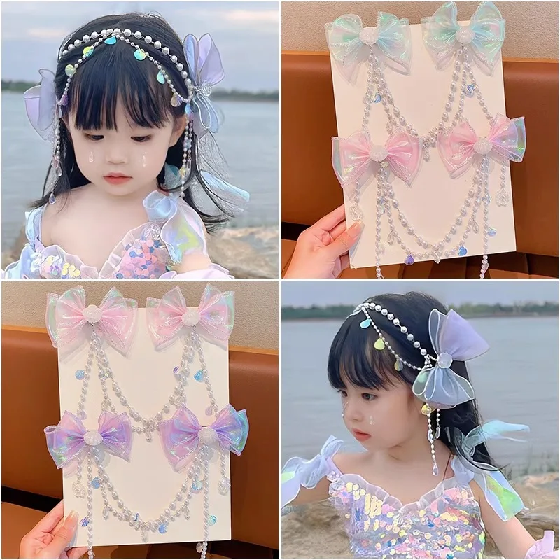 Pearl Headdress Children's Princess Fringed Hairpin Girls Mermaid Hair Accessories Forehead Chain Bow Hairpin