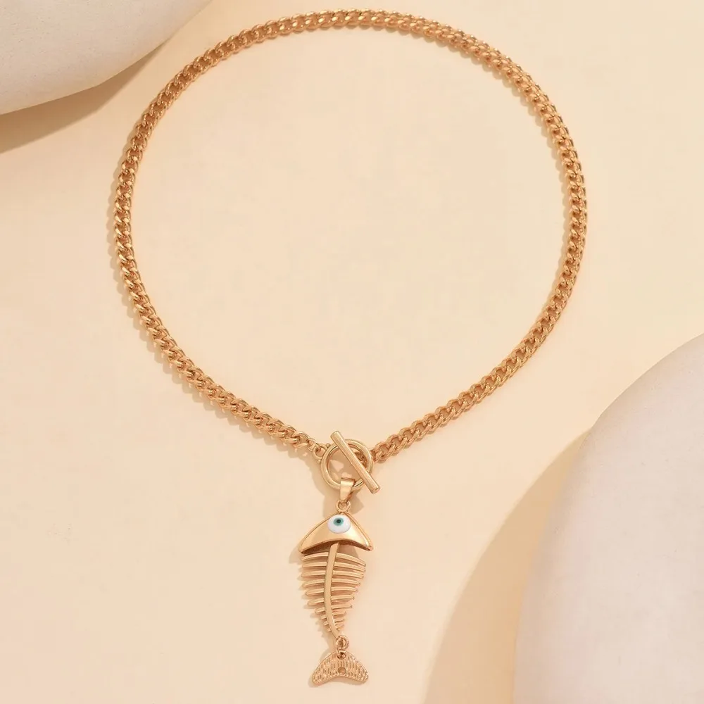 Y2K Punk Gold Color Fish Bone Pendant Chunky Chain Necklace for Women Men Fashion Vacation Choker Collarbone Chain Jewelry Gifts
