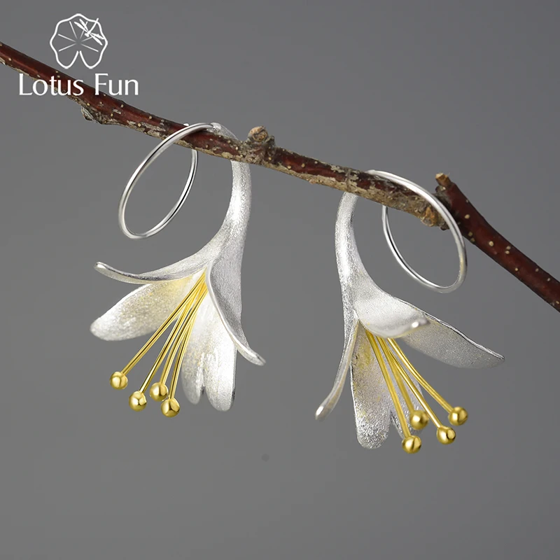 

Lotus Fun Unusual Big Elegant Fashion Flower Dangle Earrings for Women Real 925 Sterling Silver Statement Luxury Fine Jewelry