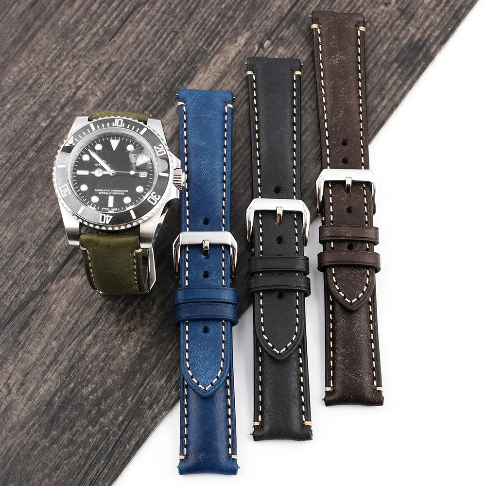 Vintage Genuine Leather Watch Strap with Quick Release Pin Buckle - Universal Bracelet Wristband Accessories