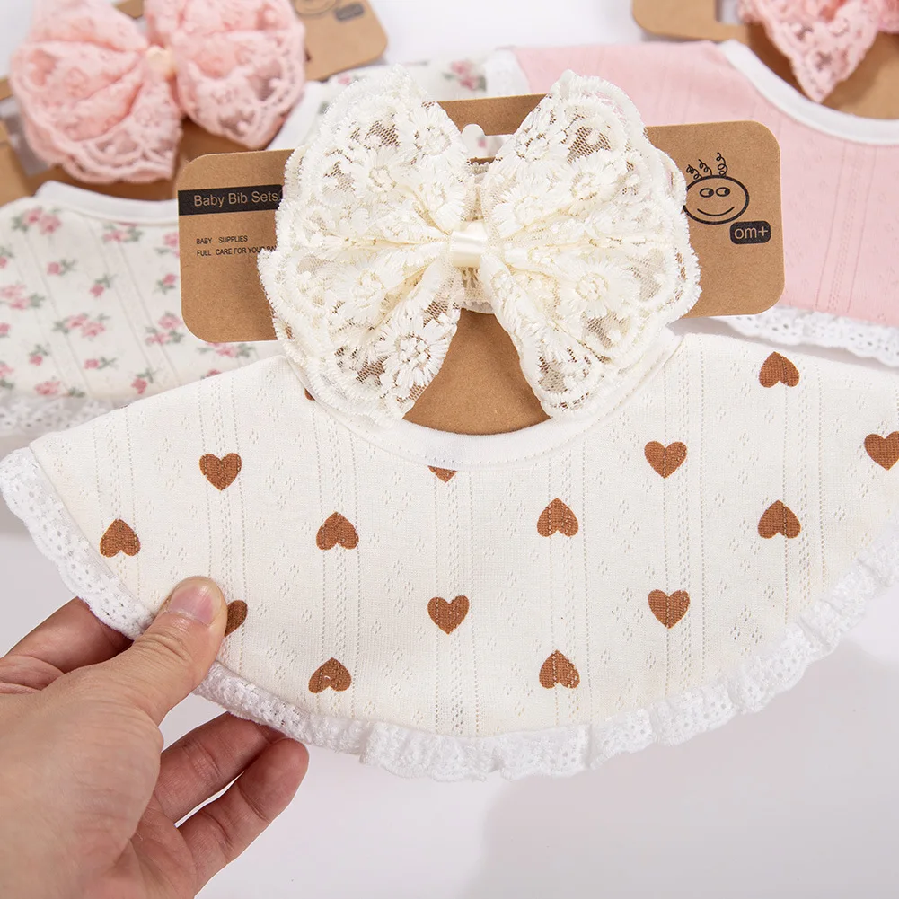 2 set di cotone neonato fazzoletto tovagliolo di cotone per bambini con bordo in pizzo nodi a farfalla fascia larga copricapo foulard bavaglino set - immagine 6