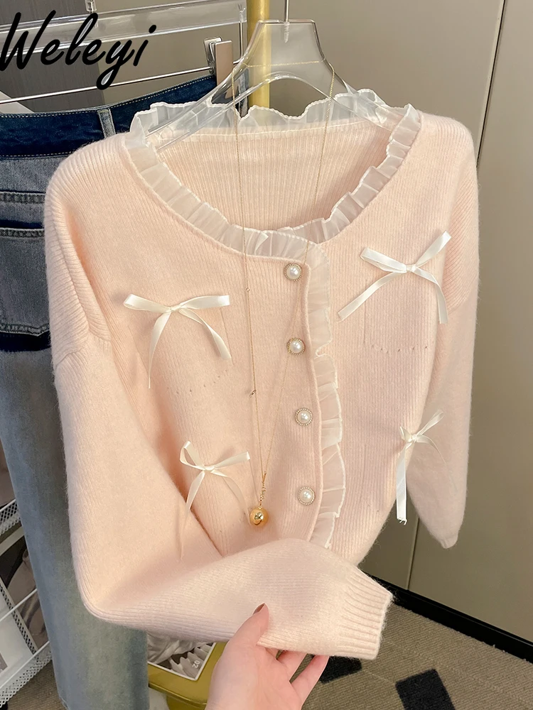 

French Style Cute Sweater Women 2024Autumn New Bow Soft Glutinous Lace Stitching Long Sleeve Pink Knitted Cardigan Outerwear Top
