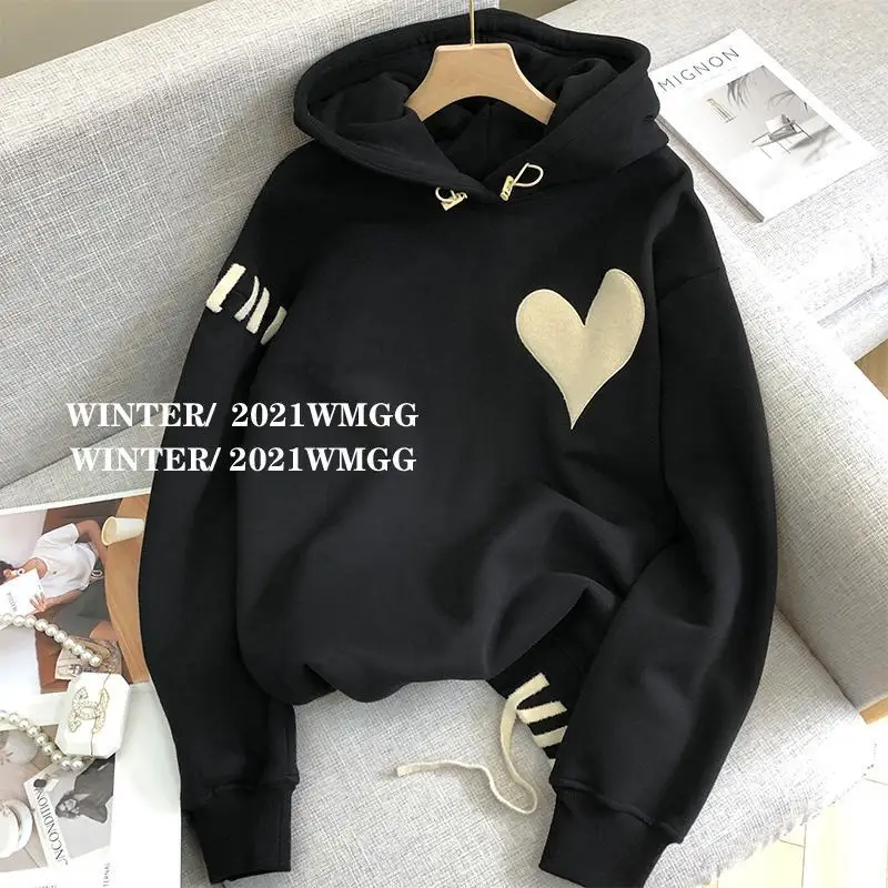 

Black Hooded Sportswear Women's Autumn Design Loose Pullover Slouchy Loose Top
