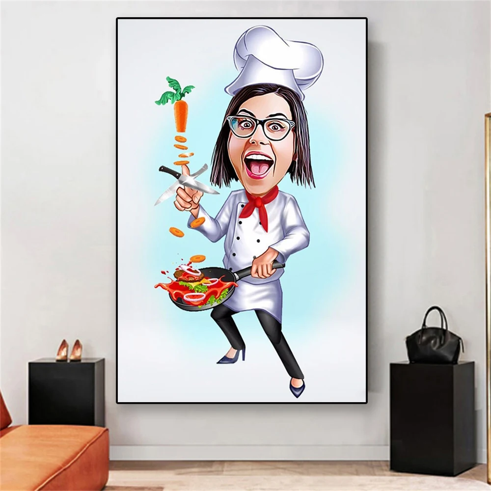 personalized poster male female chef cartoon portrait design prints pizza chef cartoon canvas painting home kitchen room decor - aliexpress