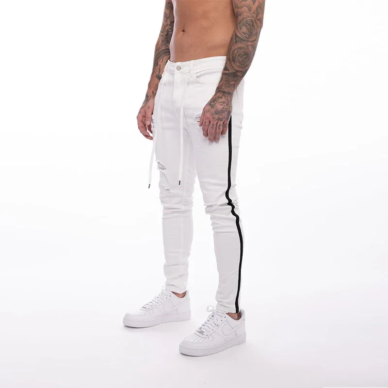 ripped tight white retro washed side striped men's jeans