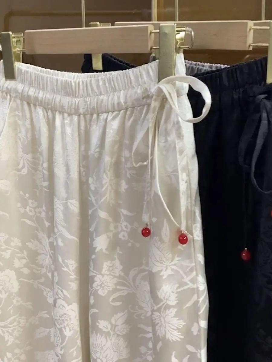 High Quali Chinese Sle Wide Leg Pants Women's Loose Elastic Waist Dra Feel Embroidery Detailing Casual Trousers