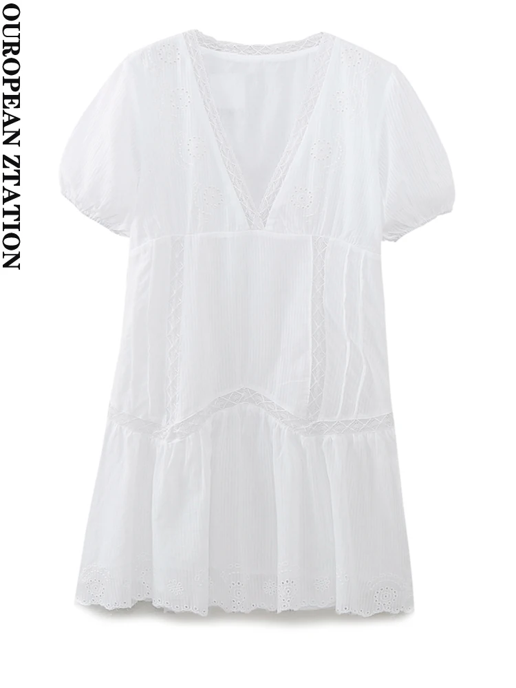 

PAILETE Women 2023 fashion embroidered cotton mini dress vintage v-neck short sleeves female dresses vestidos