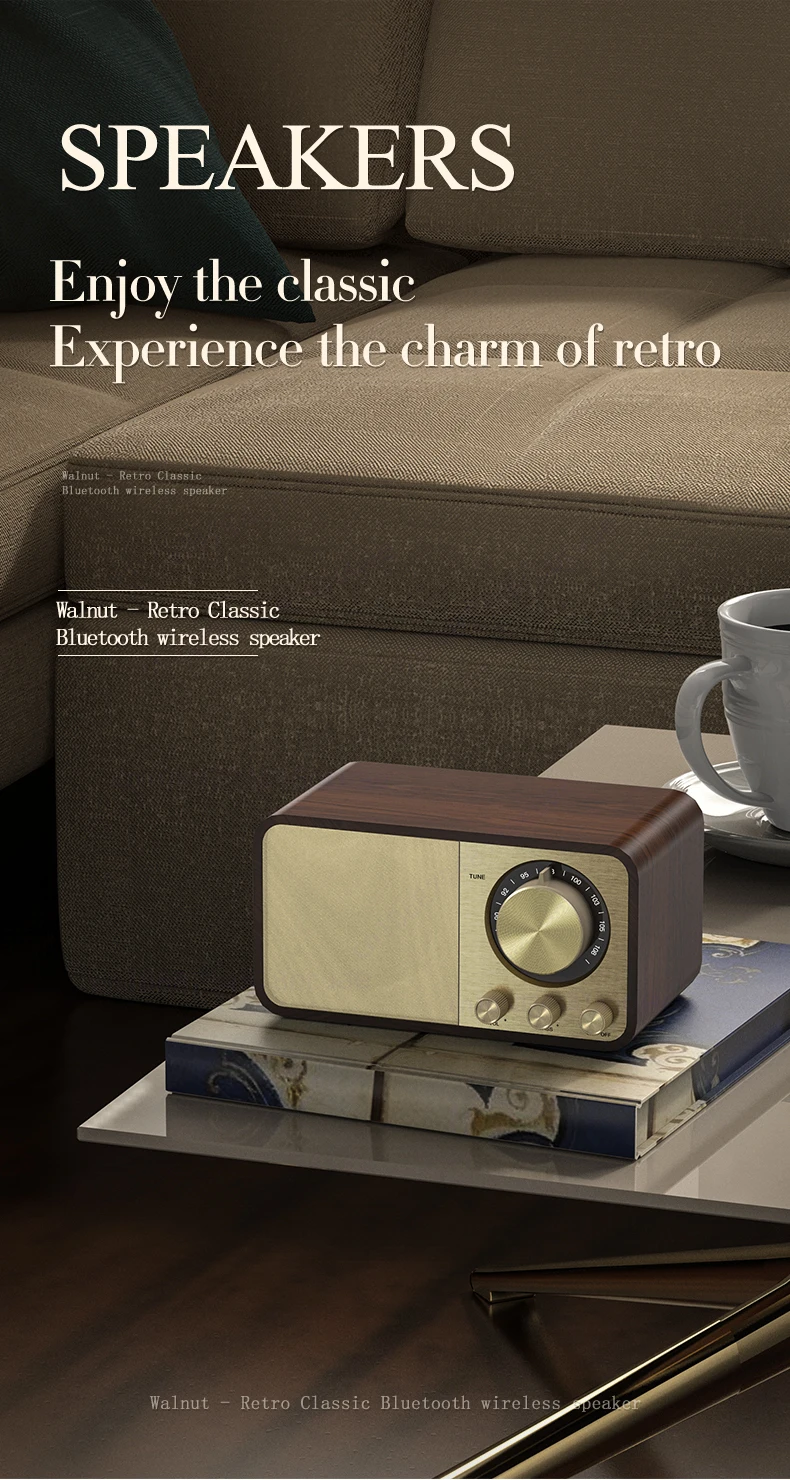 Portable BT 5.0 Super Powerful Retro Bluetooth Speaker Wooden Strong Bass with 1