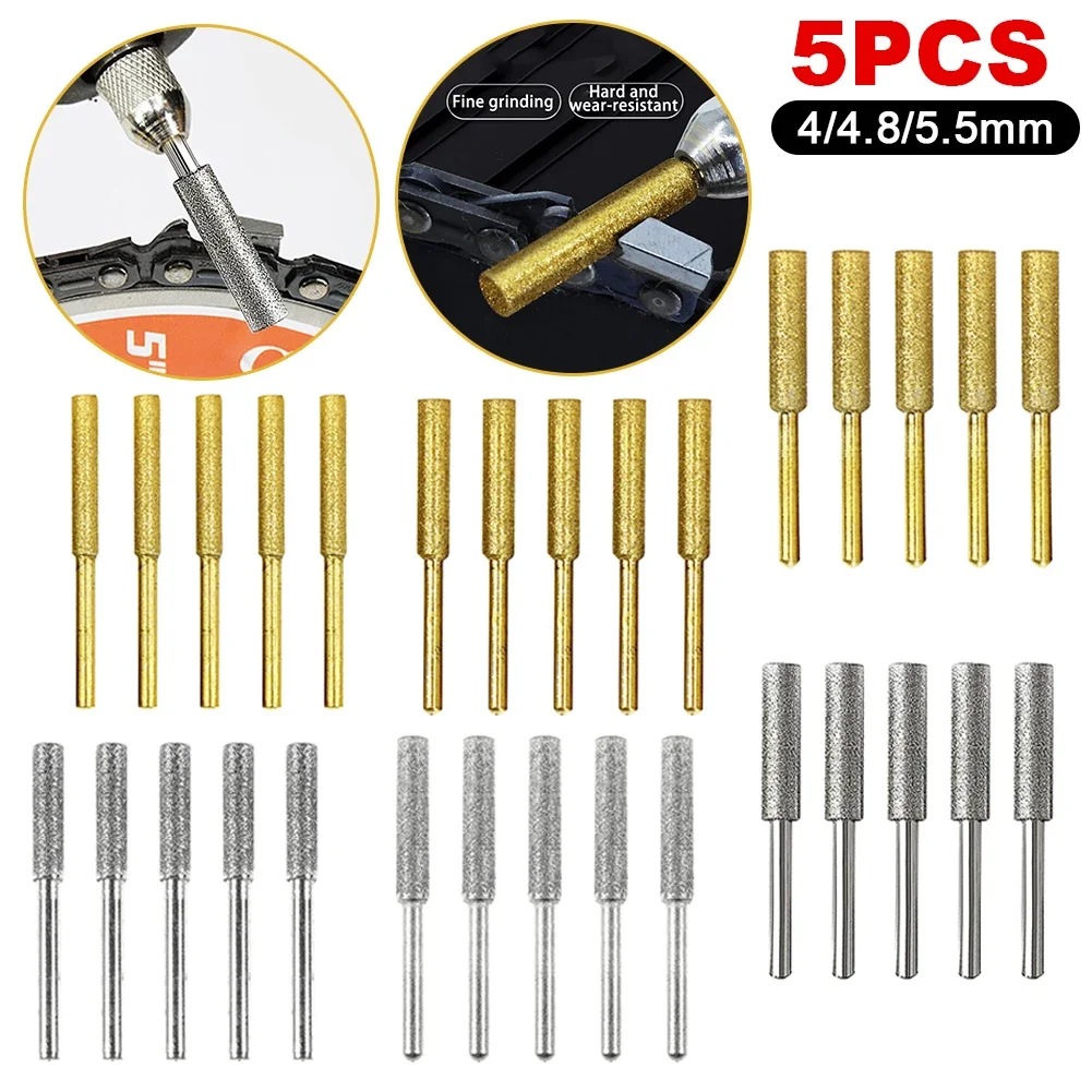 

5PCS/Set Diamond Coated Cylindrical Burr 4.0/4.8/5.5mm Chainsaw Sharpener Stone File Chain Saw Sharpening Carving Grinding Tools