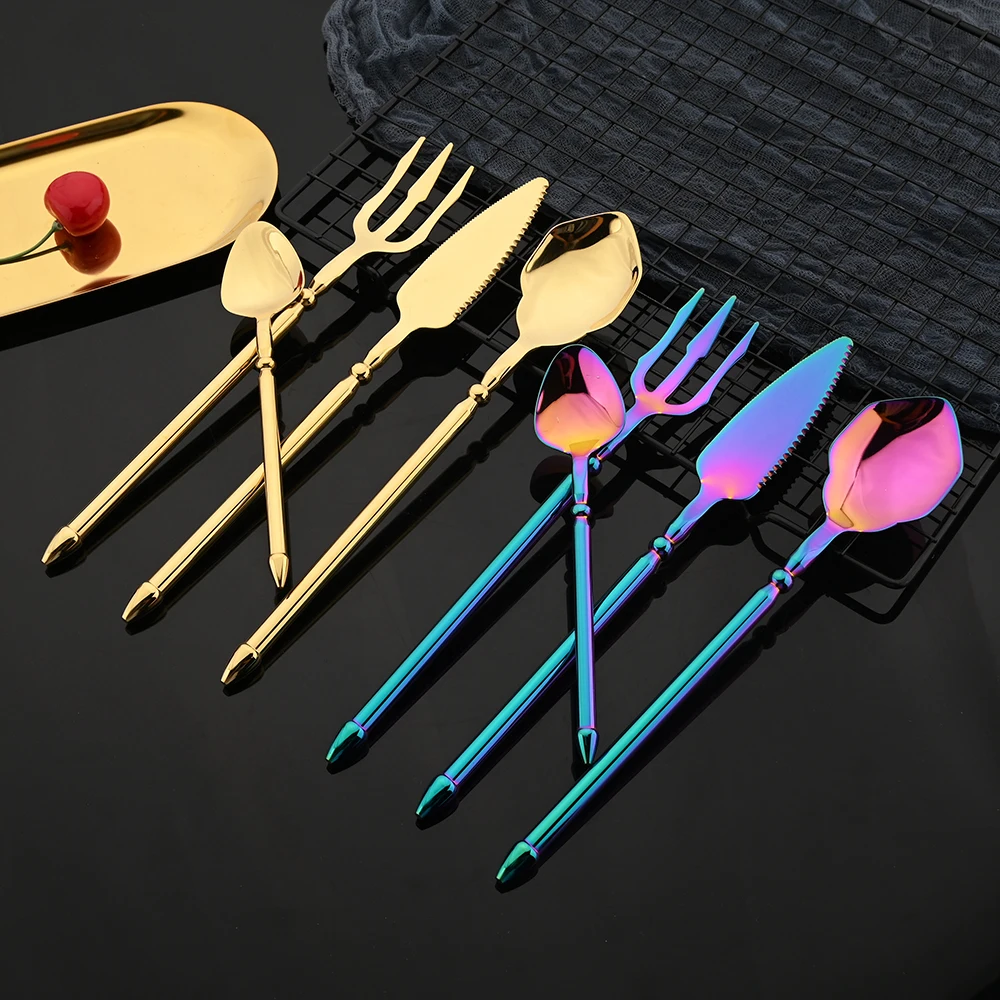 Rainbow Luxury 304 Stainless Steel Cutlery Set Aquaman Trident Fork Western Steak Knife Spoon Flatware 16Pcs Dinneware Tableware