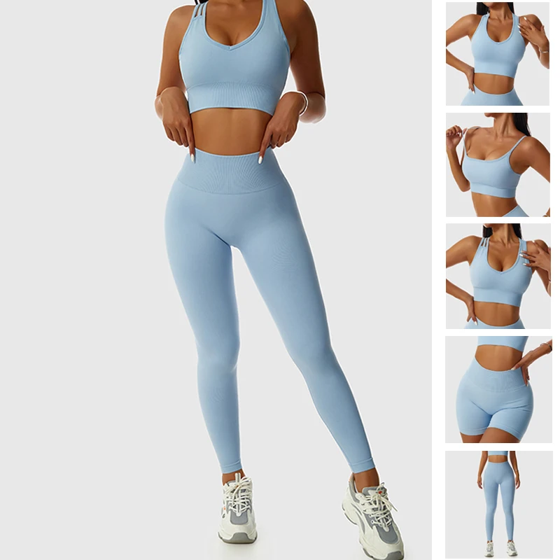 

ASHEYWR New Seamless Sets Women Workout Shockproof Gather Undershirt Bra Two-Piece Set Slim Push Up Leggings Fitness Suit Female