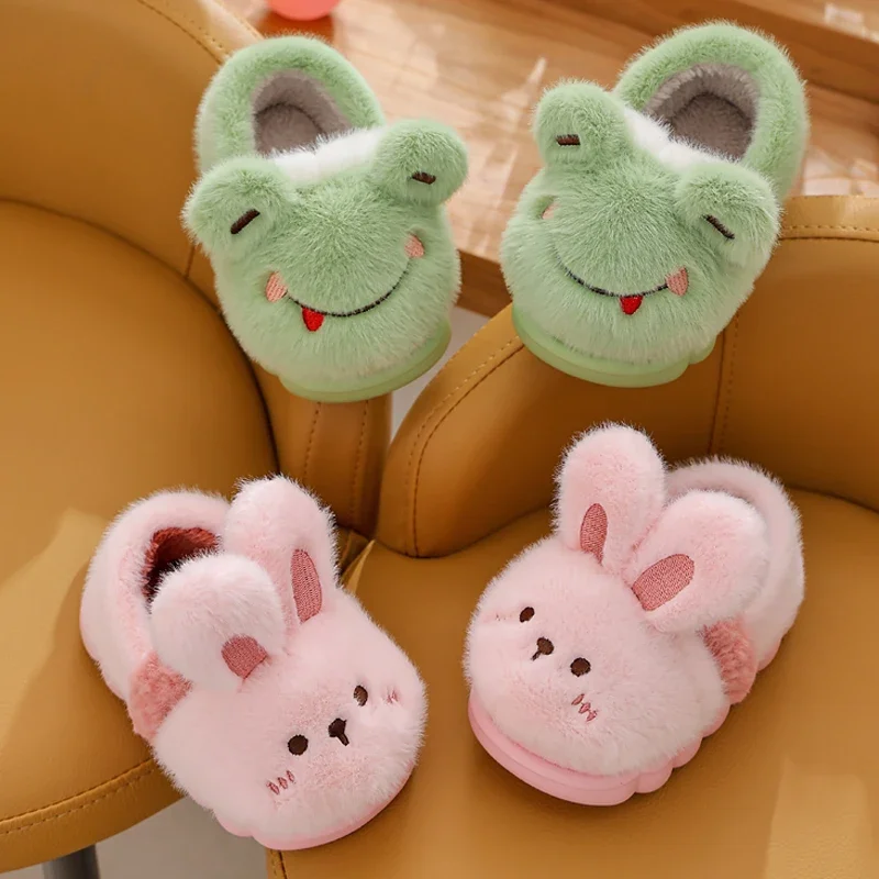 Plush Slippers Children's Cartoon Animals Heel Wrap Soft Sole Non-slip Winter Warm Indoor Home Cotton Shoes