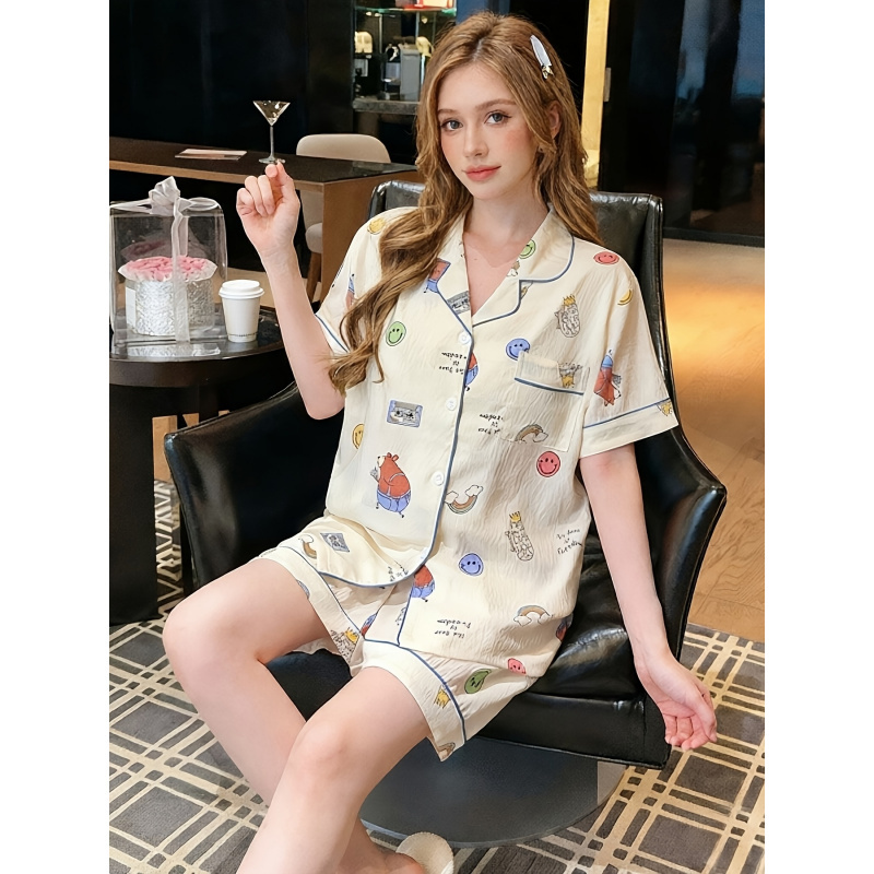 Summer short-sleeved short pants pajamas. Women's cartoonish cute printed home wear with open collar and padded chest piece set