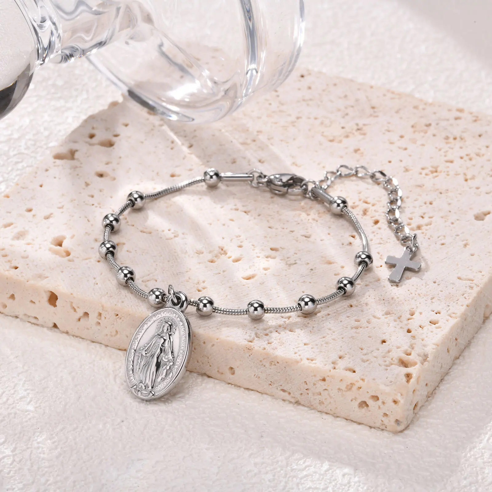 Rosenkranz-Armband, vergoldeter Edelstahl, religiöses Kreuz und Jungfrau Maria, Gebetsarmbänder, Schmuckgeschenke für Frauen und Mädchen – Detail 15