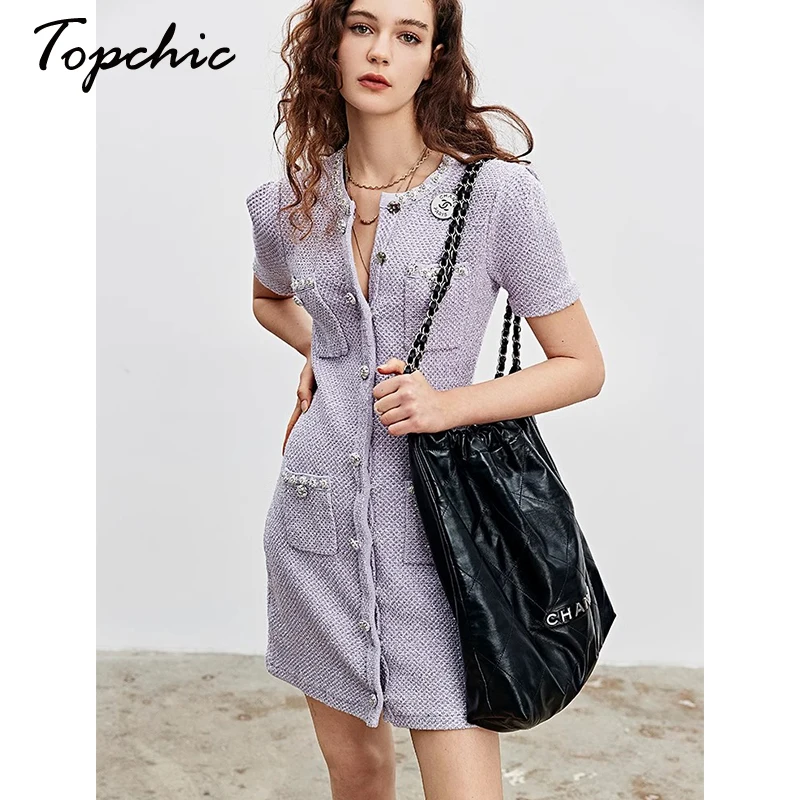 

Runway Designer High Quality Knitted Wool Dress Women 2023 Luxury Elegant O-neck Single Breasted Sweater Dresses Vestidos