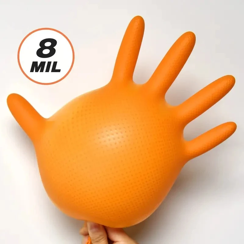 Disposable Gloves Heavy Duty Orange Nitrile Gloves 8Mil Industrial With Diamond Textured Grip For Mechanic Safety & Work Gloves 4