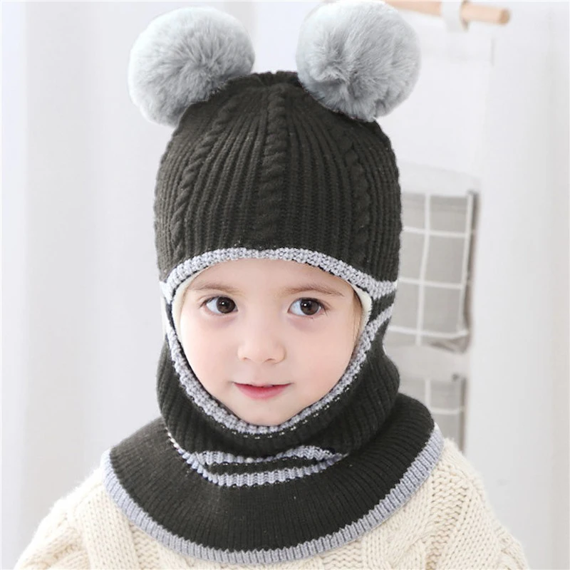 New Children Knitted Hat Scarf Two-piece Hooded Autumn And Winter Cute Bear Ear Hats Keep Warm Fluff Thicken Neck Scarf