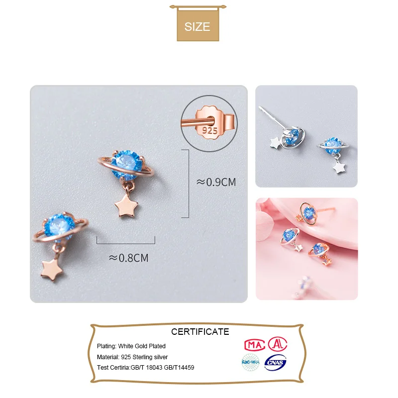 Sterling Silver Earring Jewelry Fashion Black CZ Stone Star Planet Stud Earrings