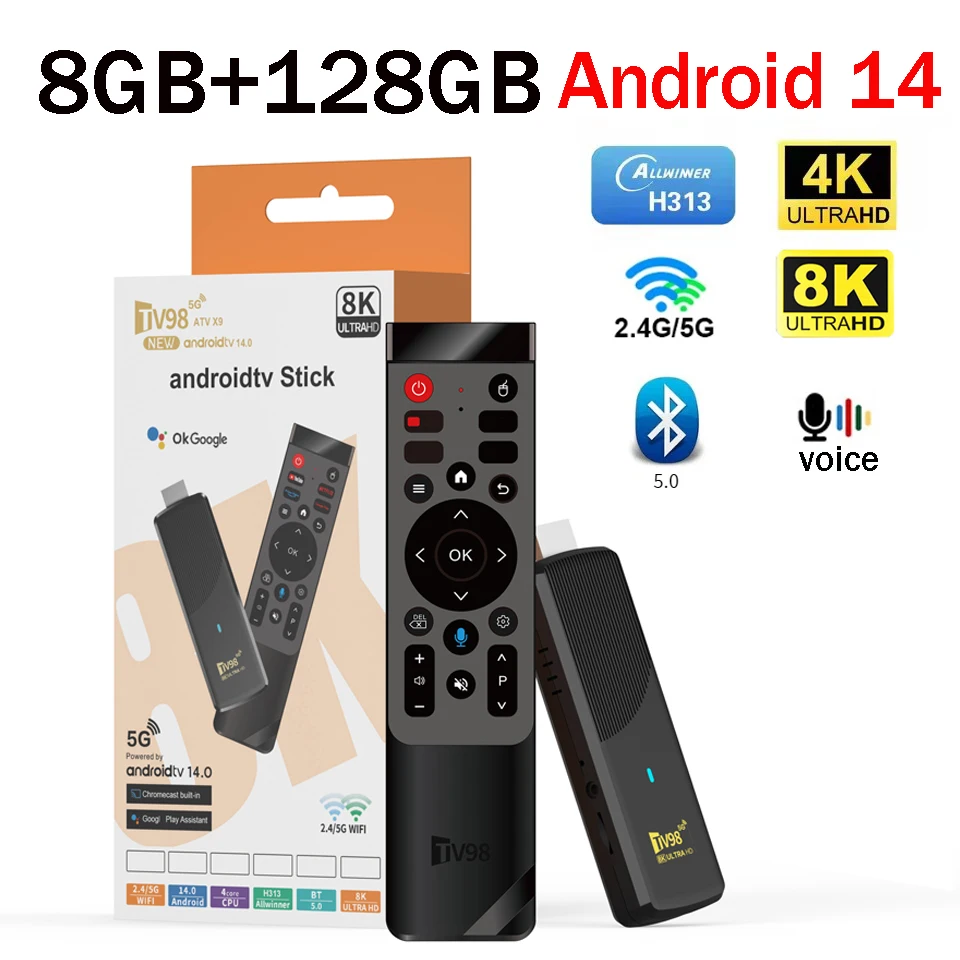 TV Stick Android 14 Full HD 4K 8K 8GB 128GB 4G 5G WiFi 6 Voice Control BT5.0 Allwinner H313 Quad Core Video Media Player IPTV