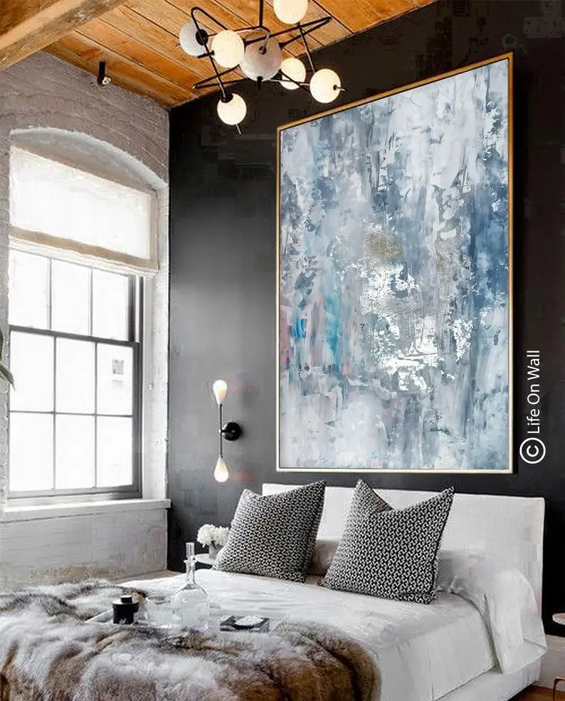 

Blue white gray silver foil oversized original abstract art, vertical abstract painting, living room abstract art, bedroom Big