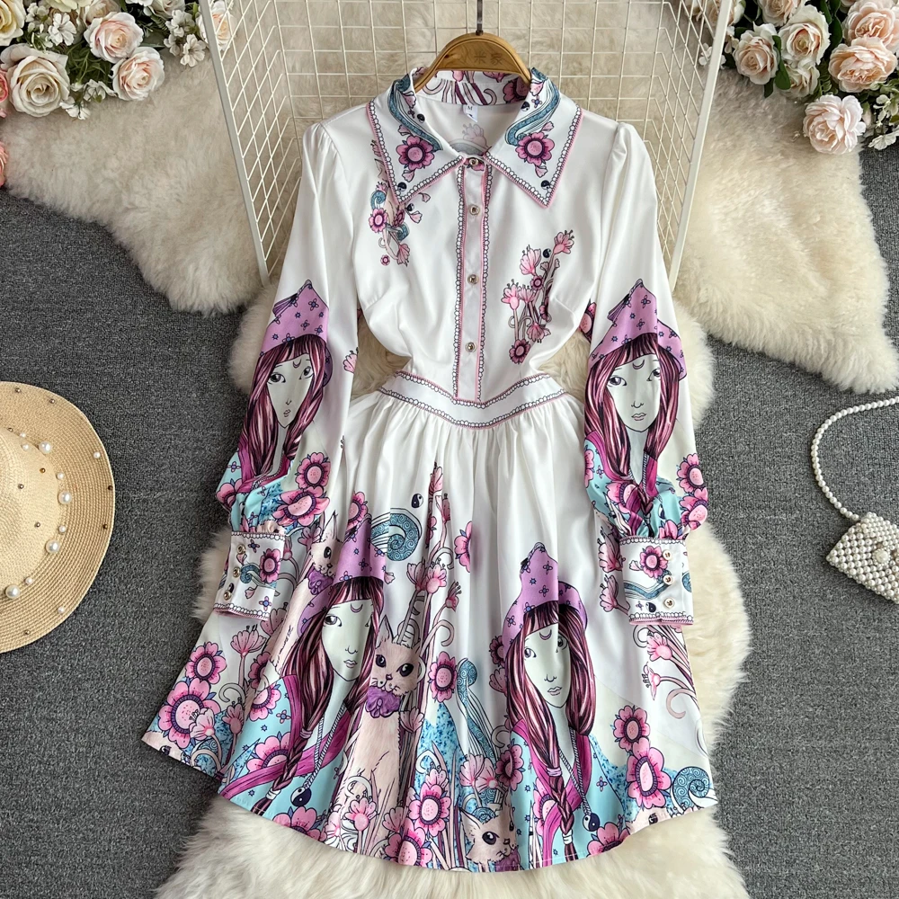 

Runway Casual Floral Print Boho Dress Women's Lapel Lantern Sleeve Single Breasted High Waist Vintage Mini Vestidos Female A6782