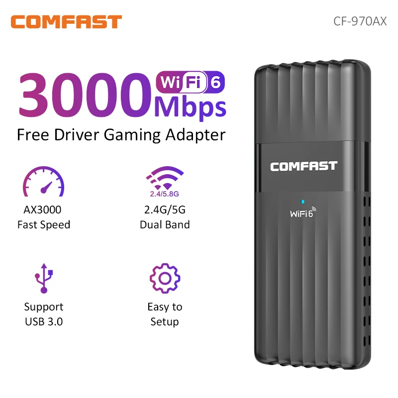 

COMFAST AX3000 WiFi 6 Adapter 3000Mbps 2.4G&5GHz Gaming Wireless Network Card USB 3.0 WiFi6 Dongle Driver Free for Win10/11 WPA3