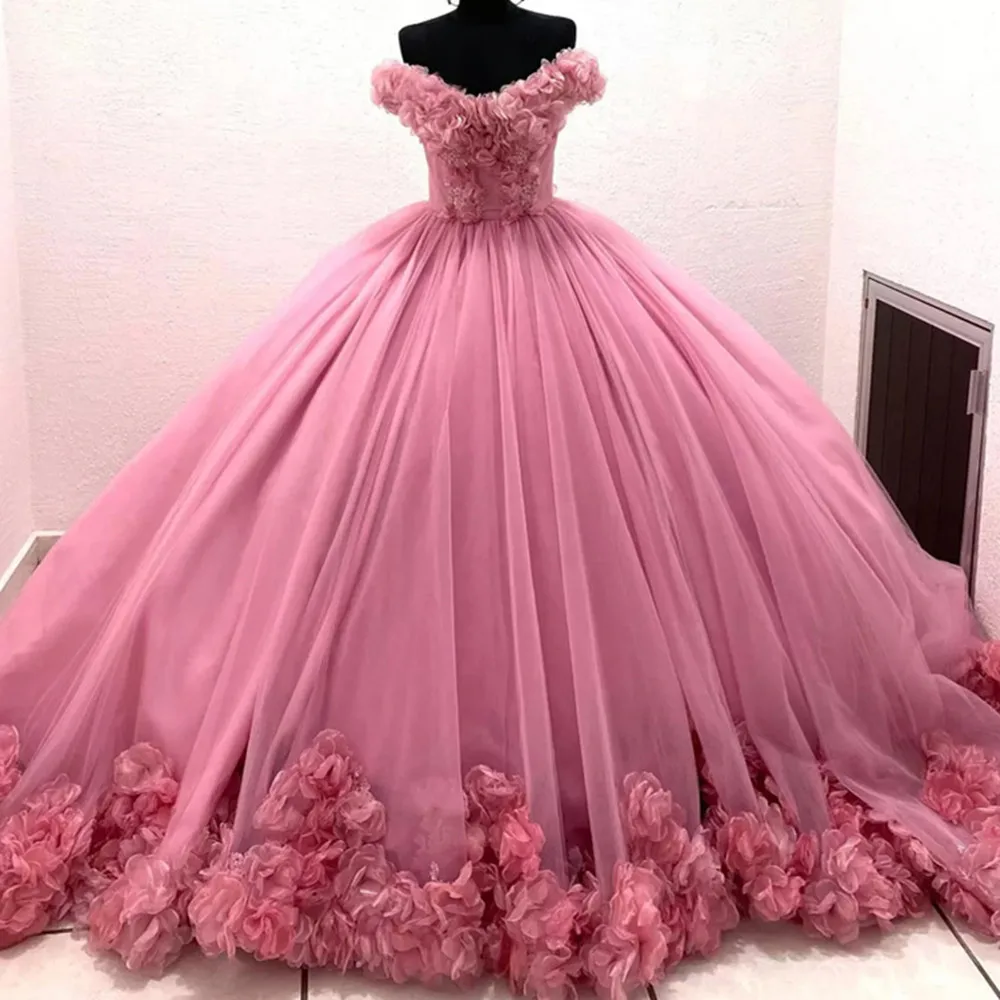 Floral Quinceanera Dresses for Women Real Images Ballgown Sweet 15 Dress Off the Shoulder Sleeves Long Train