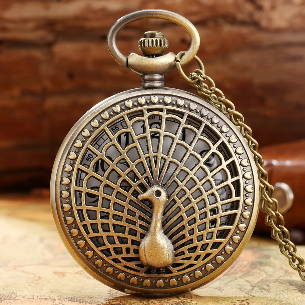 

Bronze Hollow Peacock Pocket Watch Quartz Analog Vintage Necklace Pendant Clock Antique Gifts Sweater Chain Pocket Timepiece