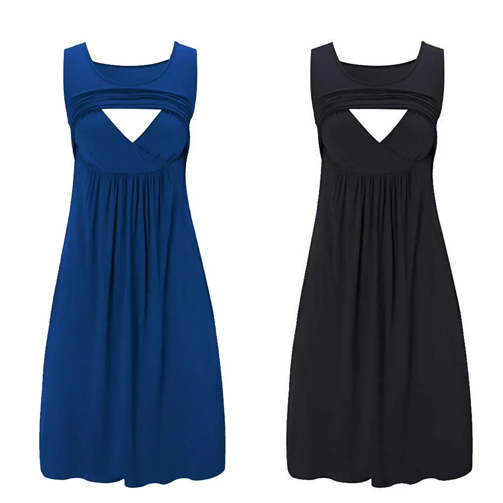 Pregnant Women Summer Sleeveless Tunic Breastfeeding Dress Womens Fashionable Hollow Out Breast Maternity Dress Plus Size