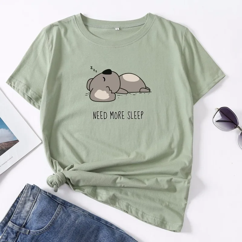 

Women Summer Short Sleeve 100% Cotton T shirt Plus Size S-5XL Oversize Lazy Sleep Koala Print Casual T-shirt O Neck Lady Tee Top