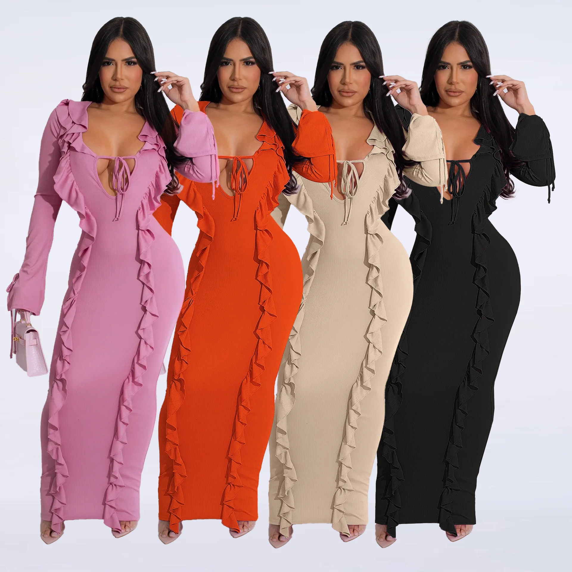 

Hot Style Women Ruffles Party Dress Sexy Deep V Neck Lace-up Long Sleeves Stretchy Casual Sheath Dresses Drop Shipping