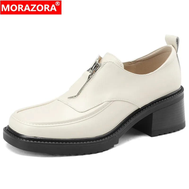 

MORAZORA 2024 New Zipper Genuine Leather Shoes Woman Comfortable Ladies Dress Shoes Thick High Heels Platform Pumps