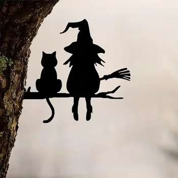 Garden Stake Iron Silhouette Cute Witch and Cat Tree Stump Plug-in Yard Art 1