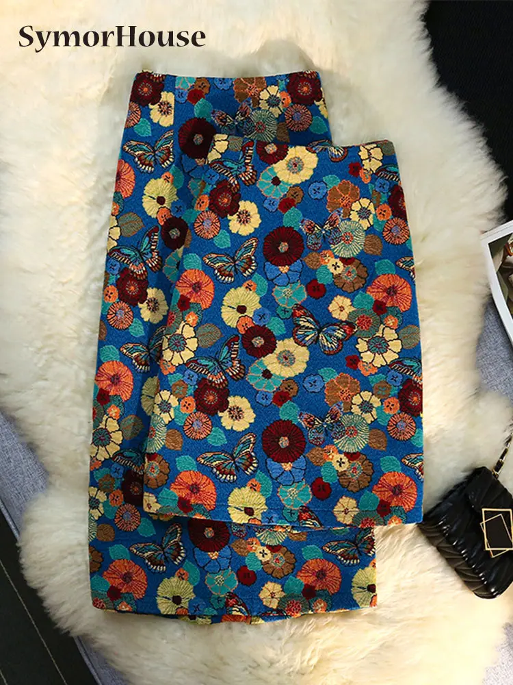 

Spring Summer Autumn Vintage Embroidery Prints Pencil Skirts Women New High Waist Office Lady Straight Wrap -Hips Midi Skirts