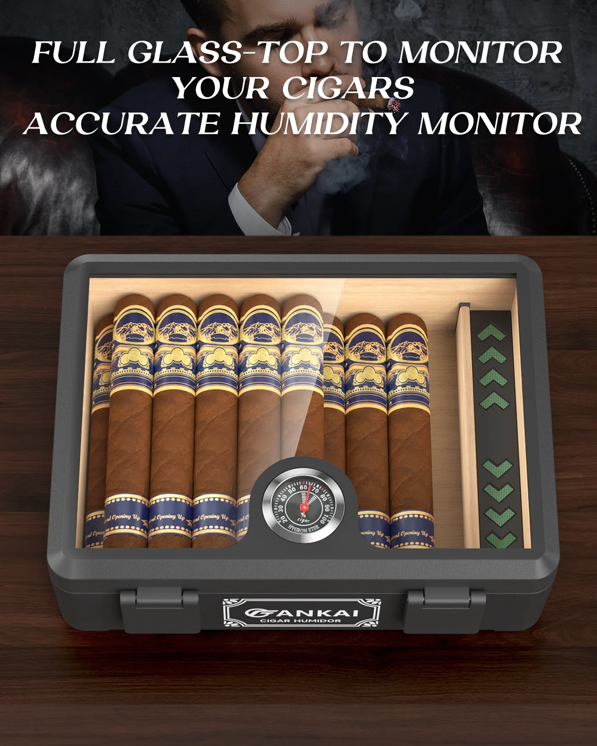 Cigar Humidor,Full Glass Top Cigar Box with Humidifier and Hygrometer,Crushproof Case,Cedar Wood Lining Storage for 20-25 Cigars 3