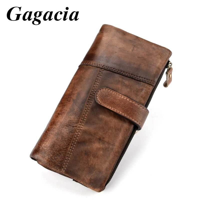 

GAGACIA Vintage Ladies Cowhide Purse Oil Wax Long Multi-card Wallet For Male Genuine Leather For Women Color The Wallet By Hand