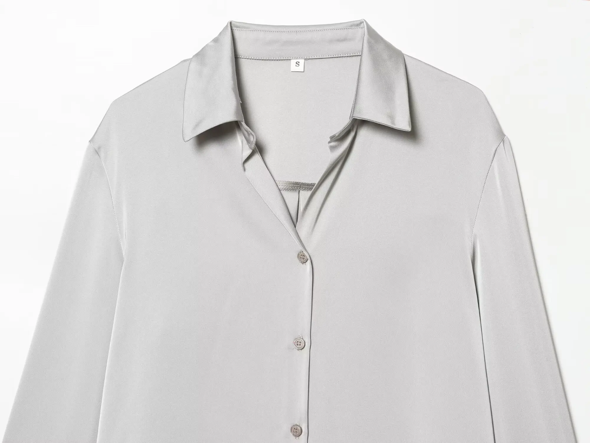 HH Damenmode, vielseitiges 3-Farben-Revers-Satin-strukturiertes High-End-Hemd, weiblich, elegant, lässig, einreihiges Langarm-Hemd – Detail 5