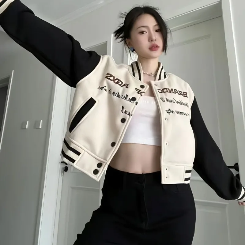 

HOUZHOU Vintage Cropped Bomber Jacket Women Harajuku Streetwear Short Baseball Jackets Oversized Korean Fashion Preppy Style