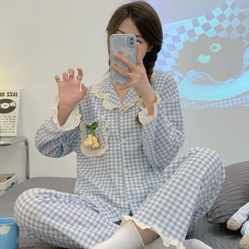 Ruffled princess style pajamas women spring autumn Korean style new long-sleeved pants sweet and cute plaid home wear set chic